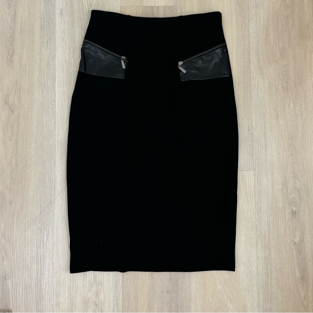 Black Pencil Skirt with Leather Detailed pockets. Size 8. Workwear